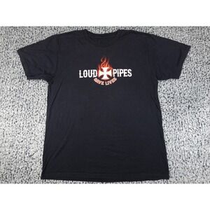 Lethal Threat Loud Pipes Save Lives Mens Large Black Biker Skull Flame Graphic